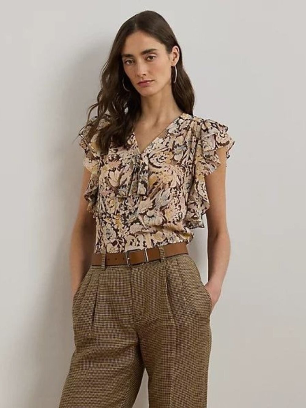 $135 Lauren Ralph Lauren Floral Georgette Tie-Neck Blouse Brown Size M
